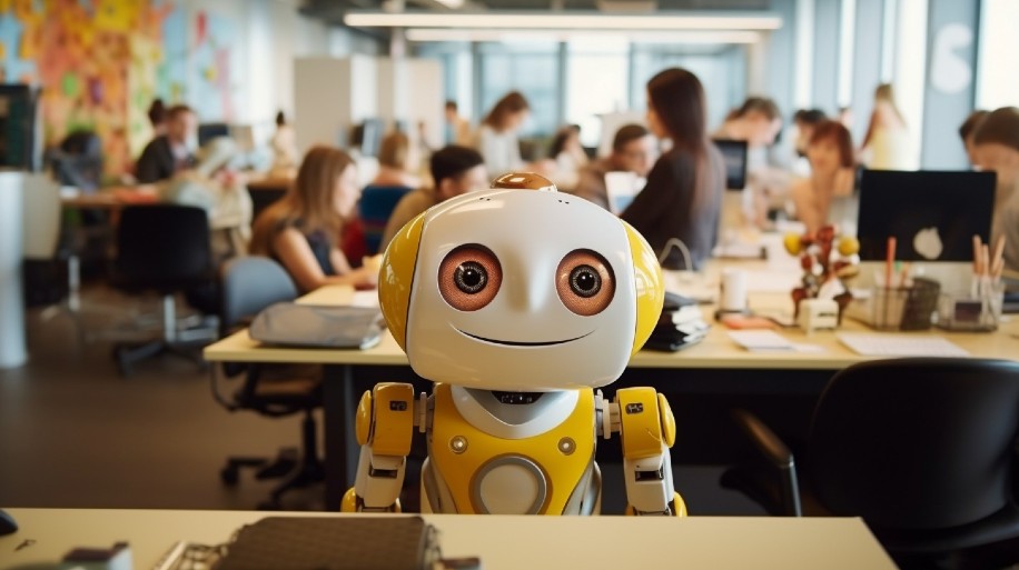 Sztuczna inteligencja pracująca w biurze (wesoły robot)
